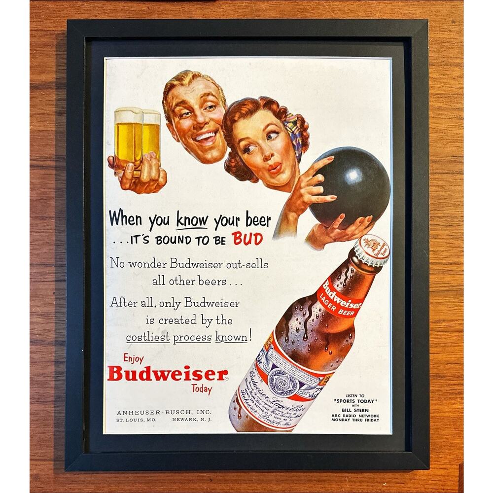 Framed Original Print Ad 1954 Budweiser Beer Vintage Bowling Night